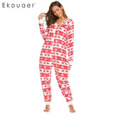 Ekouaer Women Pajamas Long Sleeve V-Neck Fleece Onesie Sleepwear Christmas Print Autumn Winter Casual Female Home Nihgtclothes - 1sies