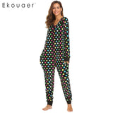 Ekouaer Women Pajamas Long Sleeve V-Neck Fleece Onesie Sleepwear Christmas Print Autumn Winter Casual Female Home Nihgtclothes - 1sies