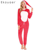 Ekouaer Women Hooded Onesies Pajamas Long Winter Pyjama Long Sleeve Patchwork Fluff Ball Hood All in One Home Sleepwear - 1sies