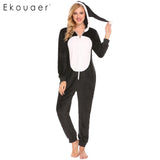 Ekouaer Women Hooded Onesies Pajamas Long Winter Pyjama Long Sleeve Patchwork Fluff Ball Hood All in One Home Sleepwear - 1sies