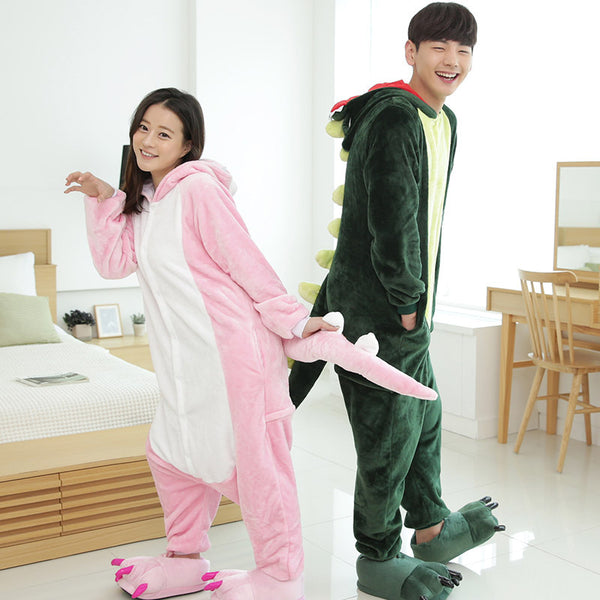 Green Pink Dinosaur Animal Pajamas Unisex Adult Pajamas Flannel Pajamas Winter Garment Cartoon Animal Onesies Pyjamas Jumpsuits - 1sies