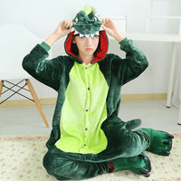 Green Pink Dinosaur Animal Pajamas Unisex Adult Pajamas Flannel Pajamas Winter Garment Cartoon Animal Onesies Pyjamas Jumpsuits - 1sies