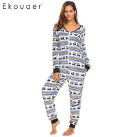 Ekouaer Women Pajamas Long Sleeve V-Neck Fleece Onesie Sleepwear Christmas Print Autumn Winter Casual Female Home Nihgtclothes - 1sies
