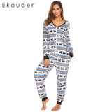 Ekouaer Women Pajamas Long Sleeve V-Neck Fleece Onesie Sleepwear Christmas Print Autumn Winter Casual Female Home Nihgtclothes - 1sies
