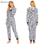 Ekouaer Women Winter Onesie Pajamas Warm Long Sleeve Hooded Striped Leopard Fleece Onesise Pajama Female Sleepwear S-XXL - 1sies