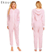 Ekouaer Women Winter Onesie Pajamas Warm Long Sleeve Hooded Striped Leopard Fleece Onesise Pajama Female Sleepwear S-XXL - 1sies