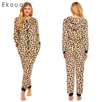 Ekouaer Women Winter Onesie Pajamas Warm Long Sleeve Hooded Striped Leopard Fleece Onesise Pajama Female Sleepwear S-XXL - 1sies