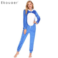 Ekouaer Women Hooded Onesies Pajamas Long Winter Pyjama Long Sleeve Patchwork Fluff Ball Hood All in One Home Sleepwear - 1sies