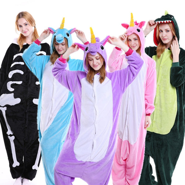 PSEEWE Unicorn Stitch Panda Unisex Flannel Pajamas Adults Anime Cosplay Costume Animal Onesies Sleepwear Hoodie For Women Men - 1sies